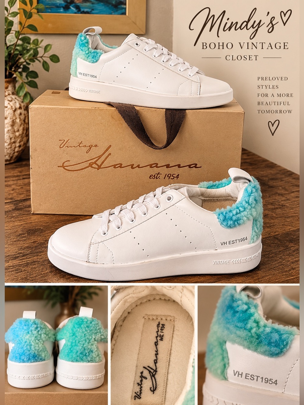 Vintage Havana White Sneakers with Aqua Shearling Collar
